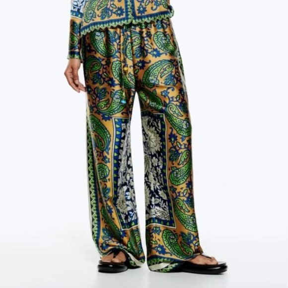 Zara Multicolor Green Blue Print Highwaisted Drawstring Pants Women’s Size M - Picture 1 of 15